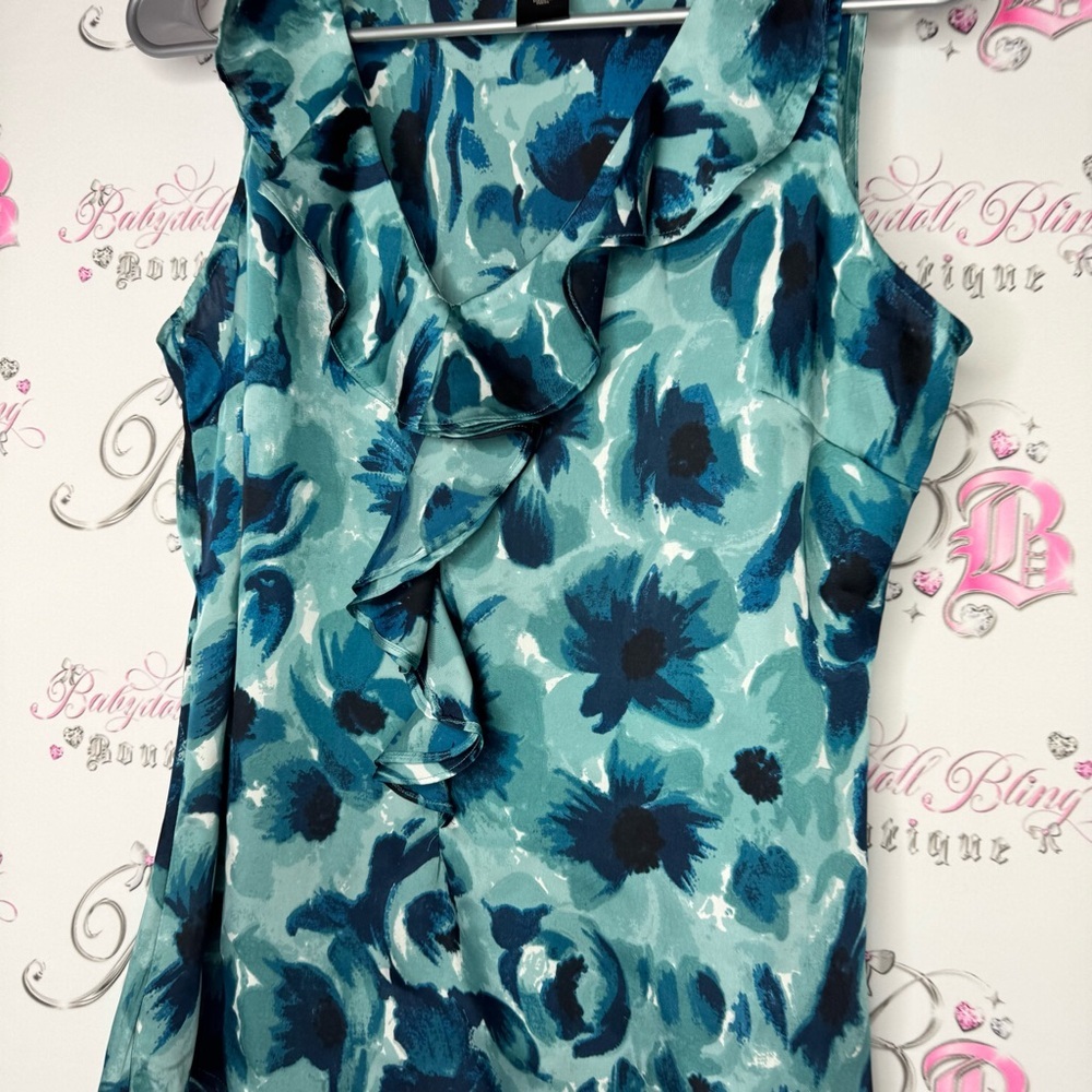 Ann Taylor tank top ruffle frilly Floral Sleeveless Blouse in Blue and Green - Picture 8 of 12